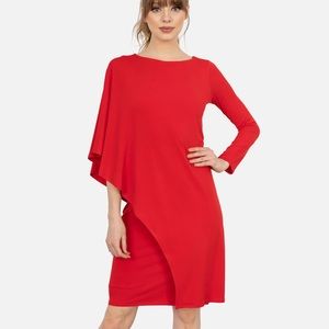 LAST TANGO Stretch Jersey Sheath Dress Batwing 3/4 Sleeve Scoop Neck Red Coral